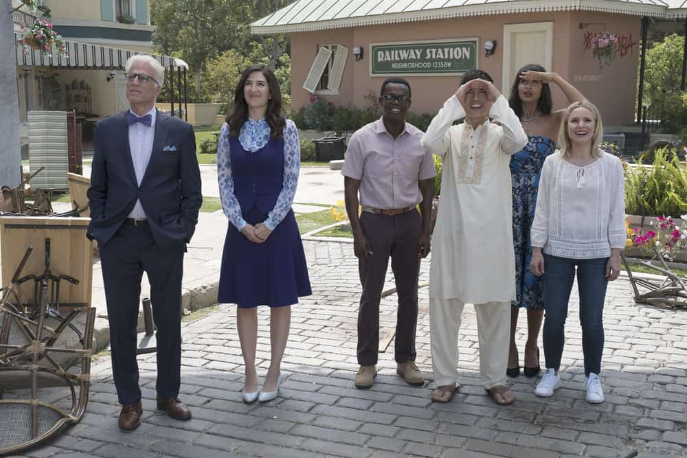 THE GOOD PLACE -- "Best Self" Episode 210 -- Pictured: (l-r) Ted Danson as Michael, D'Arcy Carden as Janet, William Jackson Harper as Chidi, Manny Jacinto as Jianyu, Jameela Jamil as Tehani, Kristen Bell as Eleanor -- (Photo by: Colleen Hayes/NBC)