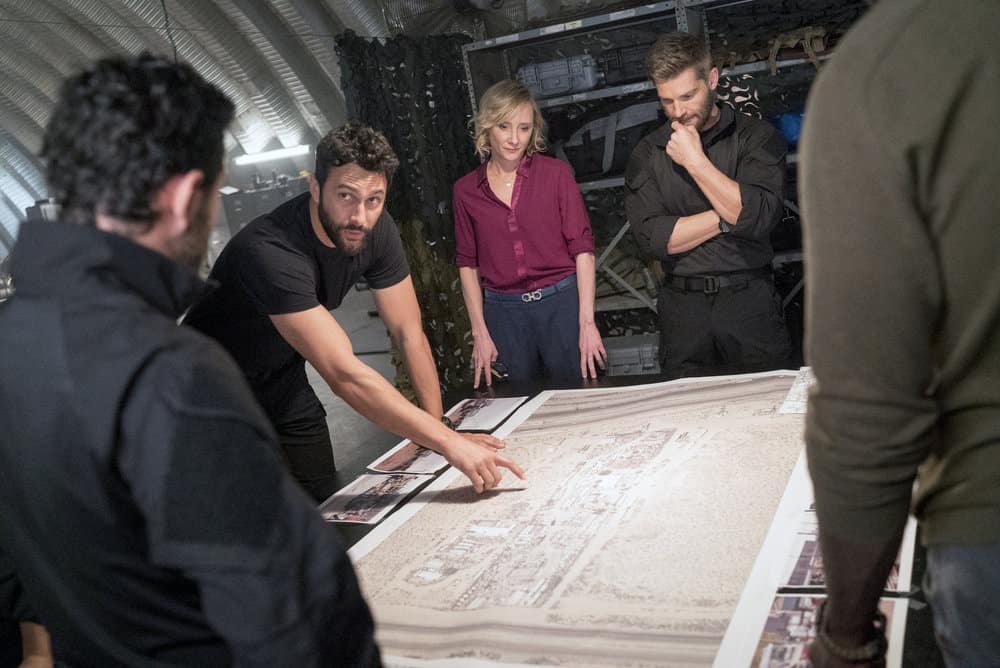 THE BRAVE -- "Close to Home: Part 2" Episode 113 -- Pictured: (l-r) Noah Mills as Sergeant Joseph "McG" McGuire, Anne Heche as Patricia Campbell, Mike Vogel as Captain Adam Dalton -- (Photo by: Lewis Jacobs/NBC)
