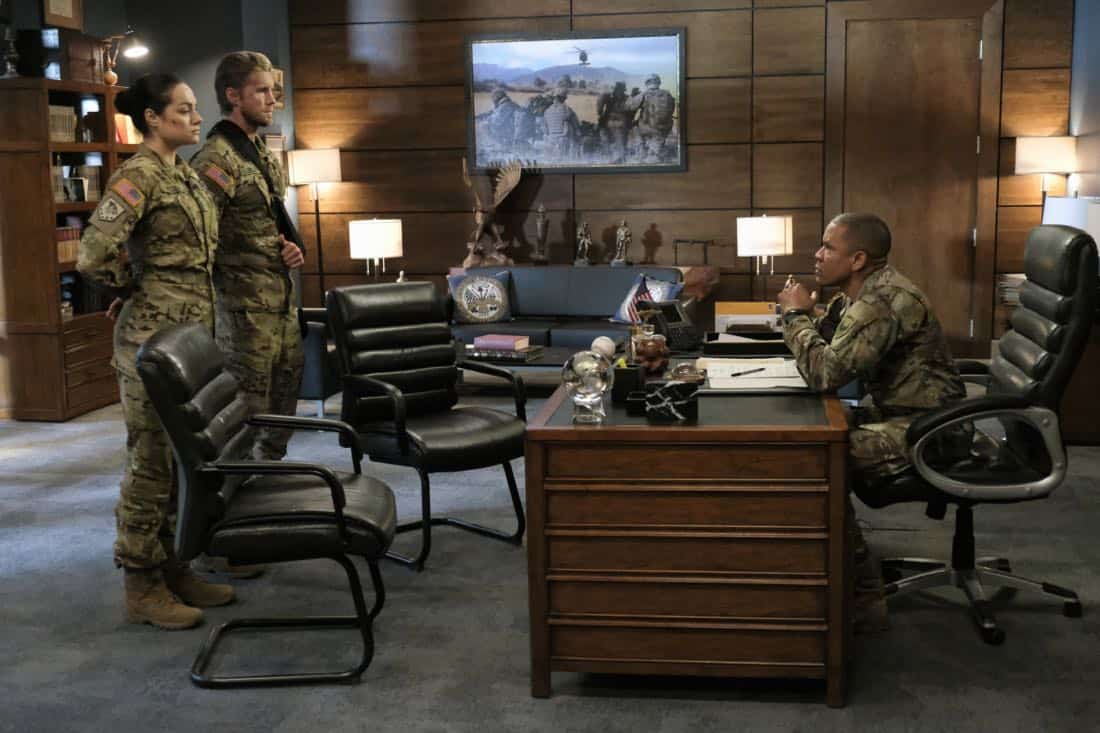 Valor -- "Costs of War" -- Image Number: VAL113c_0108b.jpg -- Pictured (L-R): Christina Ochoa as Warrant Officer Nora Madani, Matt Barr as Captain Leland Gallo and Nigél Thatch as Colonel Robert Haskins -- Photo: Erika Doss -- é 2017 The CW Network, LLC All Rights Reserved. Valor -- "Costs of War" -- Image Number: VAL113c_0108b.jpg -- Pictured (L-R): Christina Ochoa as Warrant Officer Nora Madani, Matt Barr as Captain Leland Gallo and Nigél Thatch as Colonel Robert Haskins -- Photo: Erika Doss -- é 2017 The CW Network, LLC All Rights Reserved.