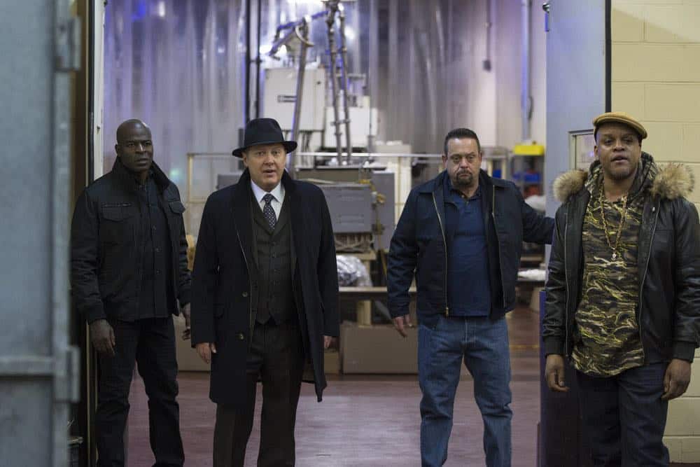 THE BLACKLIST -- "The Invisible Hand (#63)" Episode 513 -- Pictured: (l-r) Hisham Tawfiq as Dembe Zuma, James Spader as Raymond "Red" Reddington, Lenny Venito as Tony Pagliaro, Kevin Mambo as Big Willie Wilkins -- (Photo by: Eric Leibowitz/NBC)