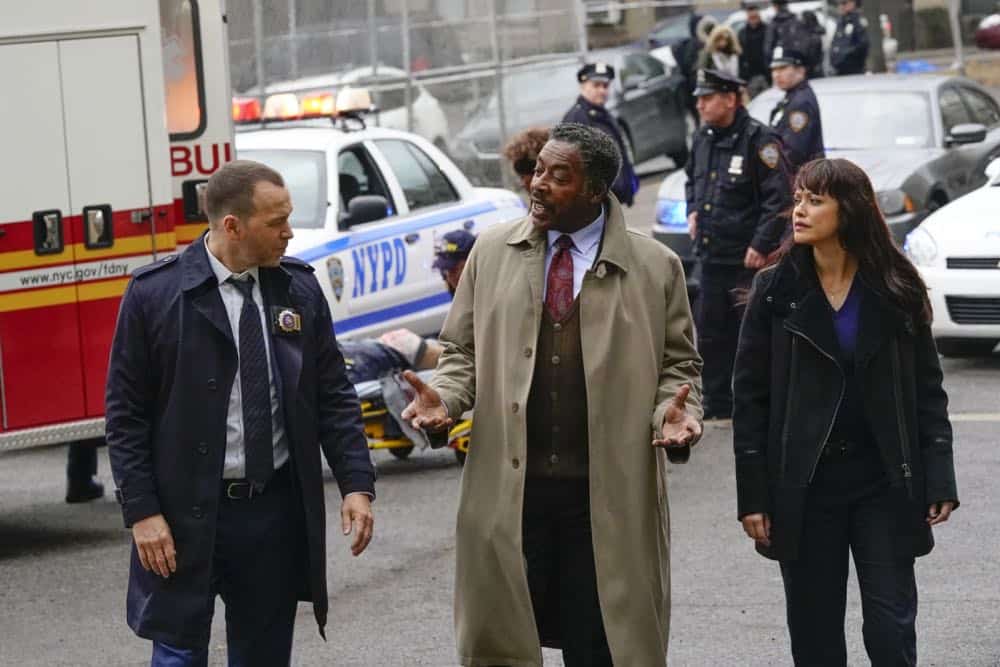 "School of Hard Knocks" -- When a student is shot by a rival gang member in his high school courtyard, Danny and Baez try to get a grasp on the situation to prevent a reoccurrence, but the principal, Darryl Ward (Ernie Hudson), recklessly takes matters into his own hands. Also, Erin tries to help her friend, Mickey (Raphael Sbarge), who is mixed up in an illegal gambling ring, and Governor Mendez (David Zayas) tries to frame Frank after one of his top legislative aides is shot by an NYPD officer, on BLUE BLOODS, Friday, Feb. 2 (10:00-11:00 PM, ET/PT) on the CBS Television Network. Pictured: Donnie Wahlberg, Ernie Hudson, Marisa Ramirez Photo: John Paul Filo/CBS é2017CBS Broadcasting Inc. All Rights Reserved. "School of Hard Knocks" -- When a student is shot by a rival gang member in his high school courtyard, Danny and Baez try to get a grasp on the situation to prevent a reoccurrence, but the principal, Darryl Ward (Ernie Hudson), recklessly takes matters into his own hands. Also, Erin tries to help her friend, Mickey (Raphael Sbarge), who is mixed up in an illegal gambling ring, and Governor Mendez (David Zayas) tries to frame Frank after one of his top legislative aides is shot by an NYPD officer, on BLUE BLOODS, Friday, Feb. 2 (10:00-11:00 PM, ET/PT) on the CBS Television Network. Pictured: Donnie Wahlberg, Ernie Hudson, Marisa Ramirez Photo: John Paul Filo/CBS é2017CBS Broadcasting Inc. All Rights Reserved.