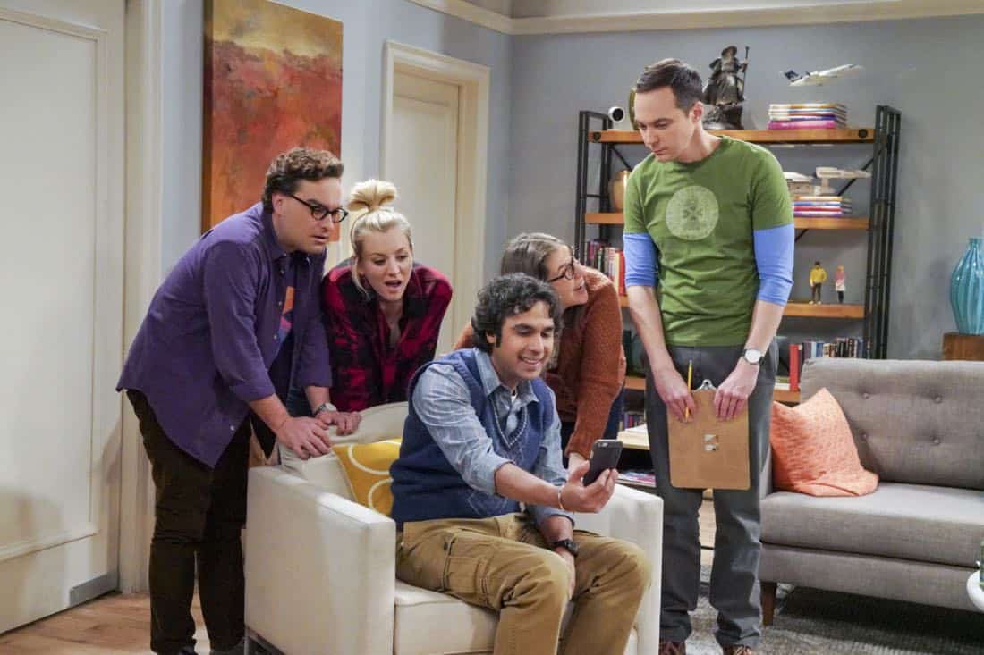 ÃÂThe Neonatal NomenclatureààPictured: Leonard Hofstadter (Johnny Galecki), Penny (Kaley Cuoco), Rajesh Koothrappali (Kunal Nayyar), Amy Farrah Fowler (Mayim Bialik) and Sheldon Cooper (Jim Parsons). When Bernadette wonÃÂt go into labor, all her friends try different tactics to get things started. Also, Wolowitz confronts Bernadette after Amy accidentally reveals sheÃÂs already chosen their sonÃÂs name, on THE BIG BANG THEORY, Thursday, March 1 (8:00-8:31 PM, ET/PT), on the CBS Television Network. Photo: Bill Inoshita/CBS é2018 CBS Broadcasting, Inc. All Rights Reserved.