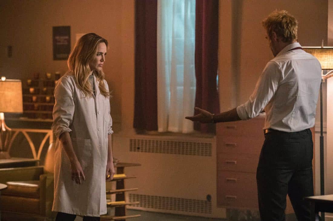 DC's Legends of Tomorrow -- "Daddy Darhkest" -- Image Number: LGN310b_0320b.jpg -- Pictured (L-R): Caity Lotz as Sara Lance/White Canary and Matt Ryan as Constantine -- Photo: Jack Rowand/The CW -- é 2018 The CW Network, LLC. All Rights Reserved.