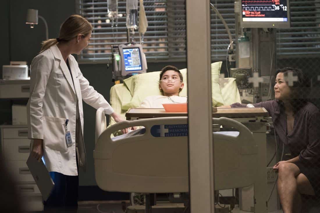 GREY'S ANATOMY - "You Really Got a Hold on Me" - Seattle firefighters Ben Warren and Andy Herrera head to Grey Sloan after rescuing two boys that are injured in a house fire. With one of the boys' lives literally in Andy's hands, her skills are put to the test. Meanwhile, the doctors are hard at work on their projects for the Grey Sloan Surgical Innovation Contest; and Amelia brings Tom Koracick in to consult on her and Alex's patient, on a special, TGIT Crossover Event episode of "Grey's Anatomy," THURSDAY, MARCH 1 (8:00-9:00 p.m. EST), on The ABC Television Network. (ABC/Mitch Haaseth) ELLEN POMPEO, COBY DOUANG, LELA LEE