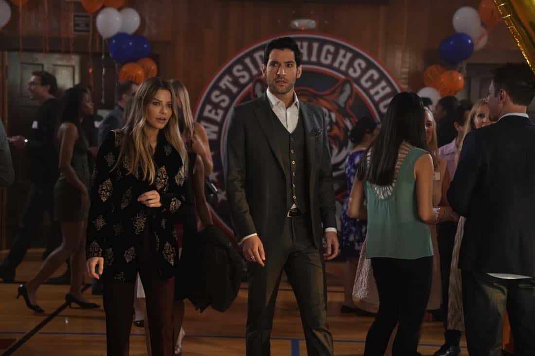 LUCIFER: L-R: Lauren German and Tom Ellis in the “High School Poppycock” episode of LUCIFER airing Monday, Feb. 26 (8:00-9:00 PM ET/PT) on FOX. CR: Erik Voake/FOX