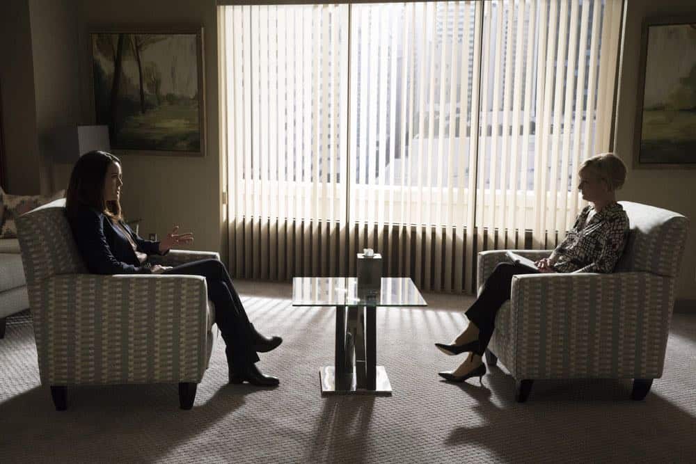 THE BLACKLIST -- "Mr. Raleigh Sinclair III (#51)" Episode 514 -- Pictured: (l-r) Megan Boone as Elizabeth Keen, Martha Plimpton as Dr. Sharon Fulton -- (Photo by: Virginia Sherwood/NBC)