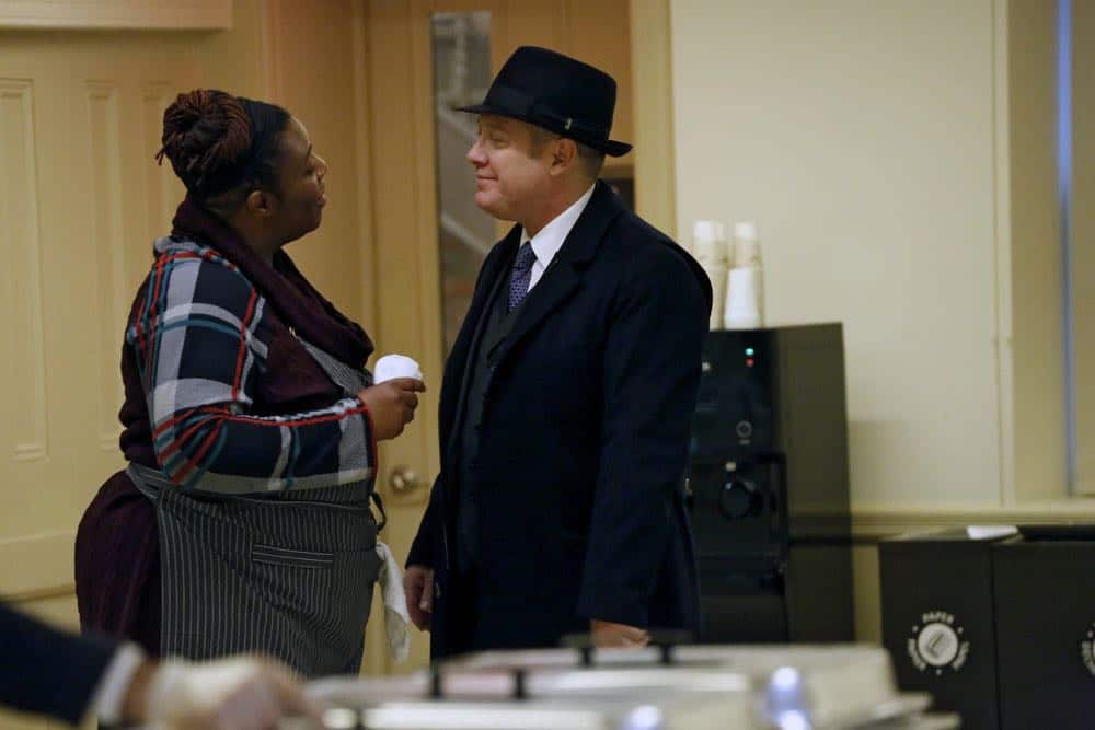 THE BLACKLIST -- "Mr. Raleigh Sinclair III (#51)" Episode 514 -- Pictured: (l-r) Tamara Anderson as Marion Stamps, James Spader as Raymond "Red" Reddington -- (Photo by: Will Hart/NBC)