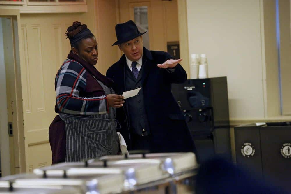 THE BLACKLIST -- "Mr. Raleigh Sinclair III (#51)" Episode 514 -- Pictured: (l-r) Tamara Anderson as Marion Stamps, James Spader as Raymond "Red" Reddington -- (Photo by: Will Hart/NBC)