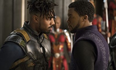 Marvel Studios' BLACK PANTHER..L to R: Erik Killmonger (Michael B. Jordan) and T'Challa/Black Panther (Chadwick Boseman)..Photo: Matt Kennedy..©Marvel Studios 2018