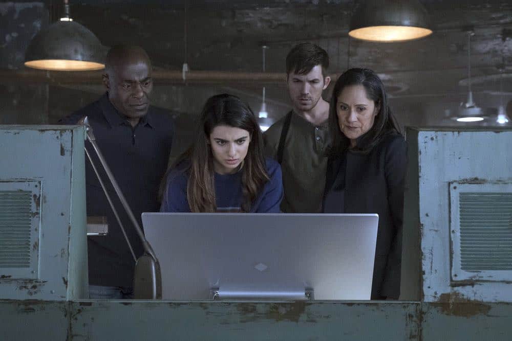 TIMELESS -- "The War to End All Wars" Episode 201 -- Pictured: (l-r) Paterson Joseph as Conor Mason, Claudia Doumit as Jiya, Matt Lanter as Wyatt Logan, Sakina Jaffery as Denise Christopher -- (Photo by: Justin Lubin/NBC) TIMELESS -- "The War to End All Wars" Episode 201 -- Pictured: (l-r) Paterson Joseph as Conor Mason, Claudia Doumit as Jiya, Matt Lanter as Wyatt Logan, Sakina Jaffery as Denise Christopher -- (Photo by: Justin Lubin/NBC)