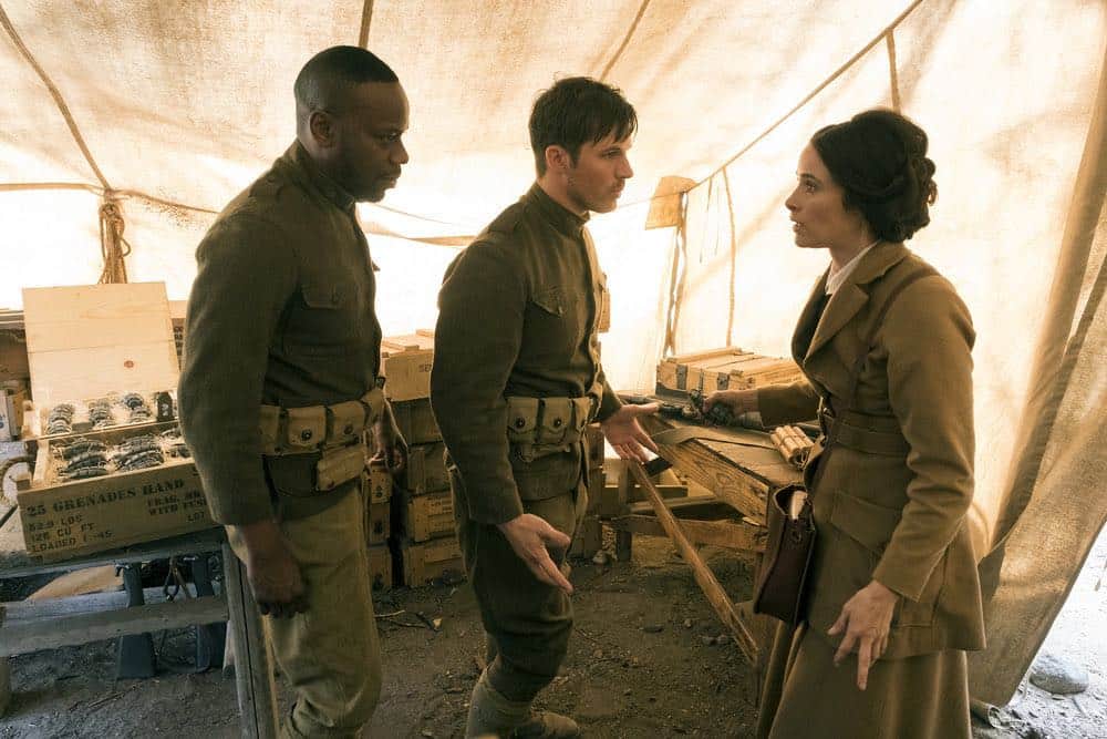 TIMELESS -- "The War to End All Wars" Episode 201 -- Pictured: (l-r) Malcolm Barrett as Rufus Carlin, Matt Lanter as Wyatt Logan, Abigail Spencer as Lucy Preston -- (Photo by: Justin Lubin/NBC)