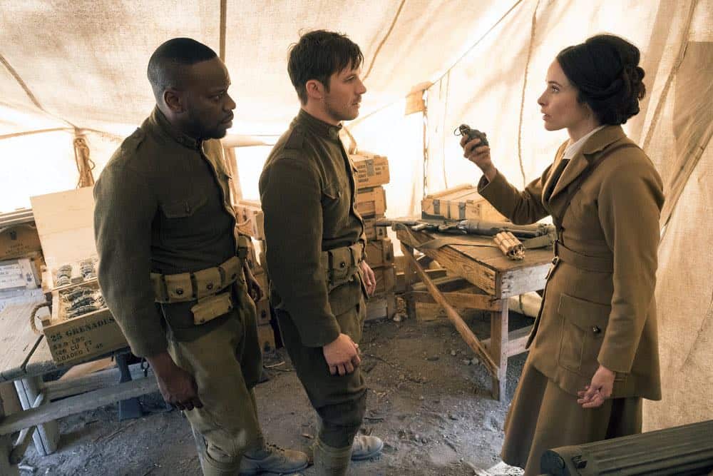TIMELESS -- "The War to End All Wars" Episode 201 -- Pictured: (l-r) Malcolm Barrett as Rufus Carlin, Matt Lanter as Wyatt Logan, Abigail Spencer as Lucy Preston -- (Photo by: Justin Lubin/NBC)