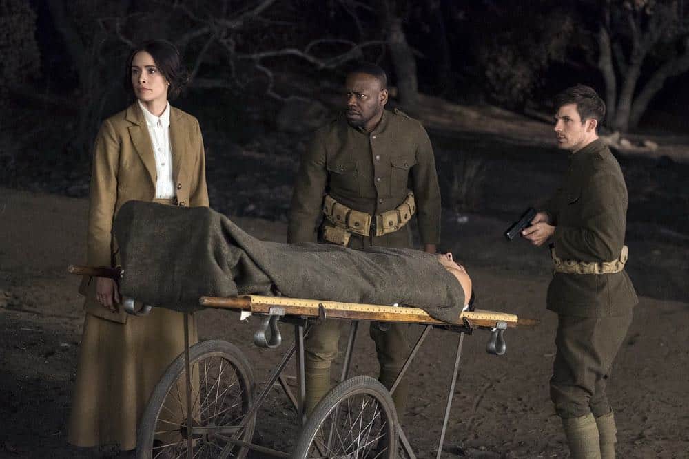 TIMELESS -- "The War to End All Wars" Episode 201 -- Pictured: (l-r) Abigail Spencer as Lucy Preston, Matt Lanter as Wyatt Logan, Malcolm Barrett as Rufus Carlin -- (Photo by: Justin Lubin/NBC)