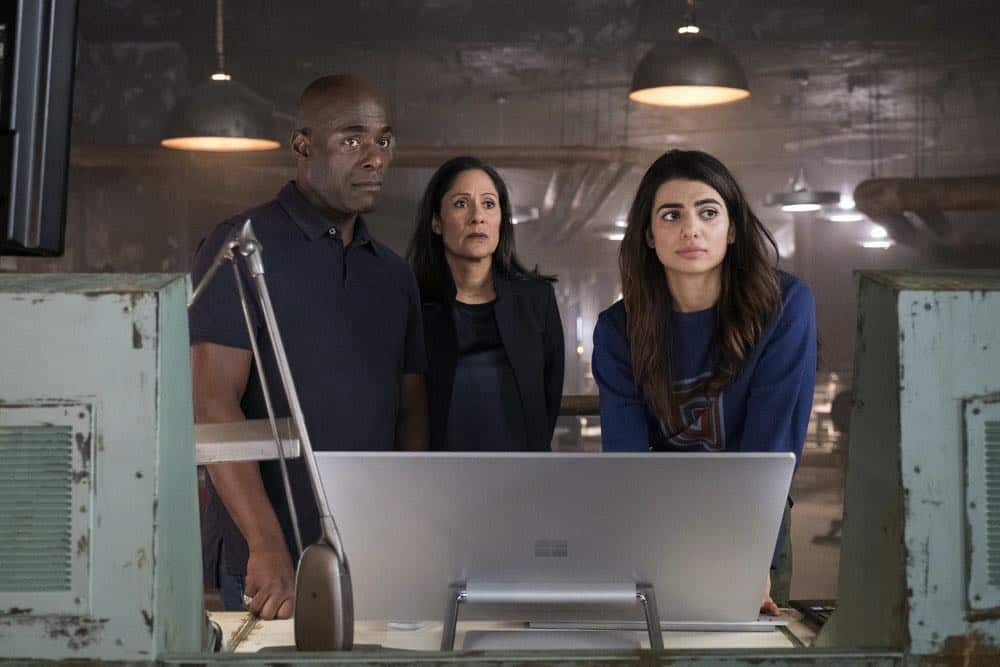 TIMELESS -- "The War to End All Wars" Episode 201 -- Pictured: (l-r) Paterson Joseph as Connor Mason, Sakina Japery as Denise Christopher, Claudia Doumit as Jiya -- (Photo by: Justin Lubin/NBC)