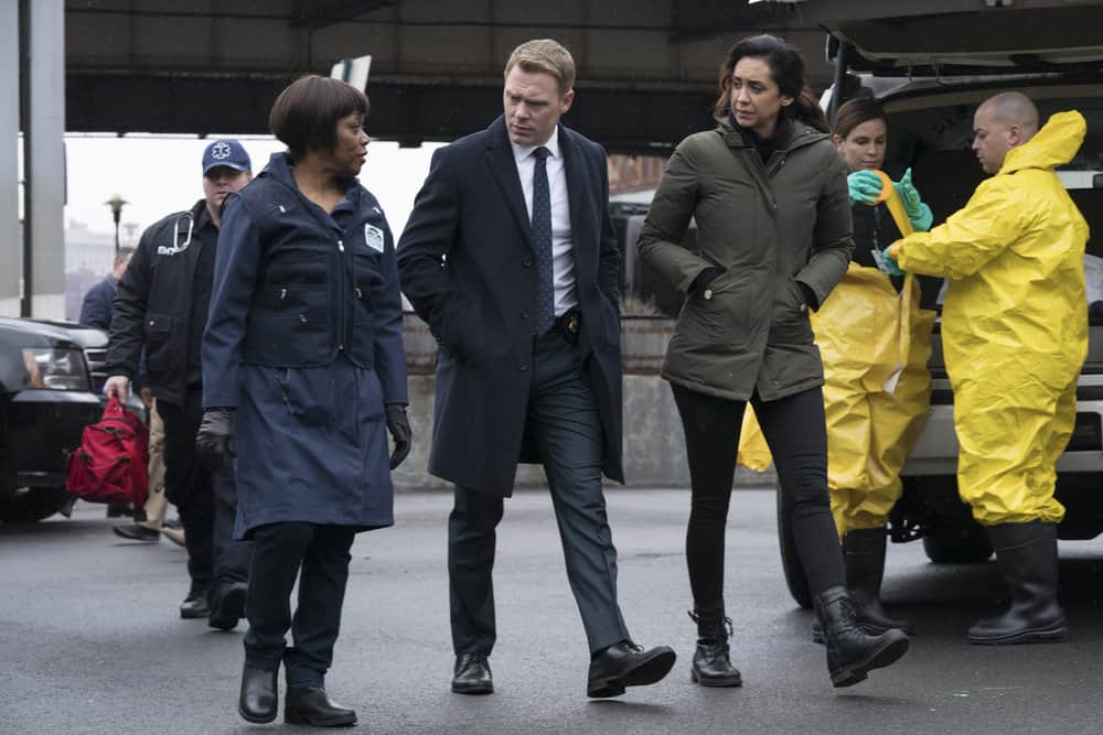 THE BLACKLIST -- "Pattie Sue Edwards (#68)" Episode 515 -- Pictured: (l-r) Regina Taylor as Dr. Hannah Moshay, Diego Klattenhoff as Donald Ressler, Mozhan Marnò as Samar Navabi -- (Photo by: Virginia Sherwood/NBC)