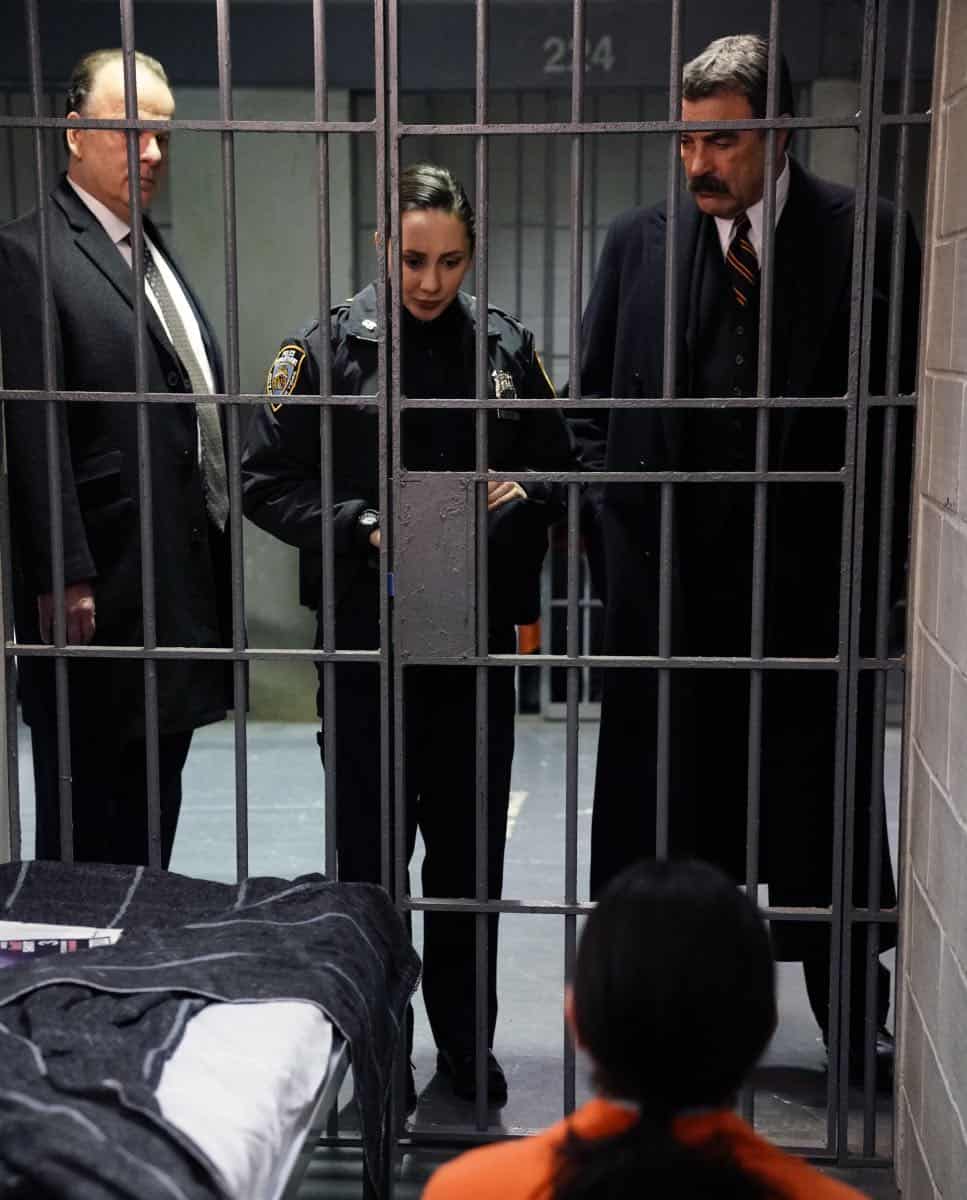 "Legacy" -- Danny considers taking a new job that would ease his financial struggles after investigating the death of a wealthy man. Also, Nicky tries to avoid involving her family when she is sexually harassed by her boss (Sean Kleier) at her new internship, and Garrett advises Frank to regain the public's trust after a rookie cop is caught on video questioning a pedestrian's immigration status, on BLUE BLOODS, Friday, March 2 (10:00-11:00 PM, ET/PT) on the CBS Television Network. Pictured: Robert Clohessy, Lauren Patten, Tom Selleck. Photo: John Paul Filo/CBS é2018 CBS Broadcasting Inc. All Rights Reserved.