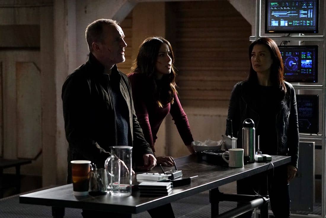 MARVEL'S AGENTS OF S.H.I.E.L.D. - "The Real Deal" - In the milestone 100th episode, Coulson finally reveals the mysterious deal he made with Ghost Rider, which will impact everyone on the S.H.I.E.L.D. team., on "Marvel's Agents of S.H.I.E.L.D.," FRIDAY, MARCH 9 (9:01-10:01 p.m. EST), on The ABC Television Network. (ABC/Eric McCandless) CLARK GREGG, CHLOE BENNET, MING-NA WEN MARVEL'S AGENTS OF S.H.I.E.L.D. - "The Real Deal" - In the milestone 100th episode, Coulson finally reveals the mysterious deal he made with Ghost Rider, which will impact everyone on the S.H.I.E.L.D. team., on "Marvel's Agents of S.H.I.E.L.D.," FRIDAY, MARCH 9 (9:01-10:01 p.m. EST), on The ABC Television Network. (ABC/Eric McCandless) CLARK GREGG, CHLOE BENNET, MING-NA WEN