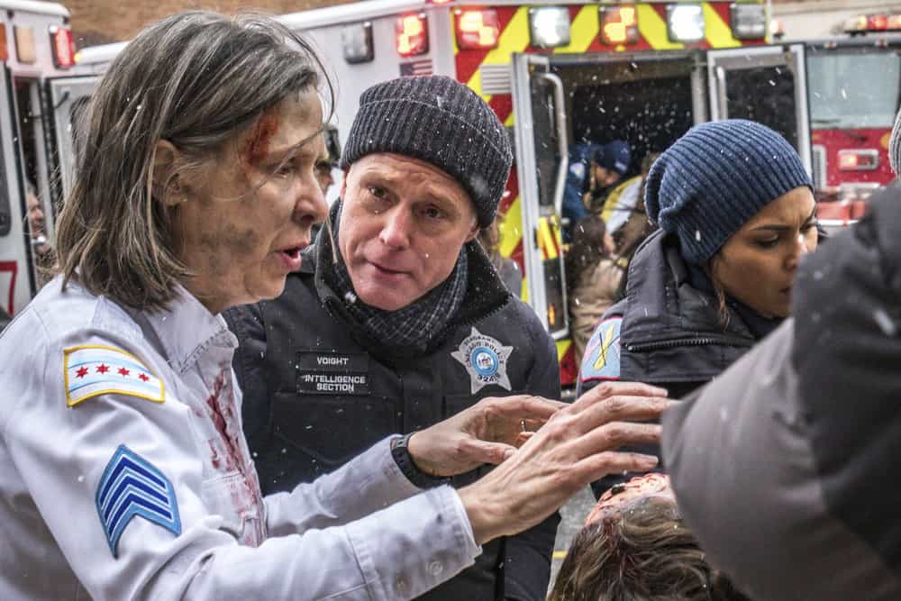 CHICAGO P.D. -- "Profiles" Episode 516 -- Pictured: (l-r) Amy Morton as Trudy Platt, Jason Beghe as Hank Voight, Monica Raymund as Gabriela Dawson -- (Photo by: Matt Dinerstein/NBC)