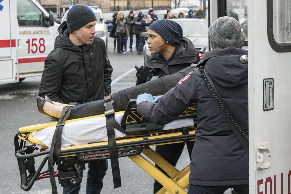 CHICAGO P.D. -- "Profiles" Episode 516 -- Pictured: (l-r) Jon Seda as Antonio Dawson, Monica Raymund as Gabriela Dawson -- (Photo by: Matt Dinerstein/NBC)