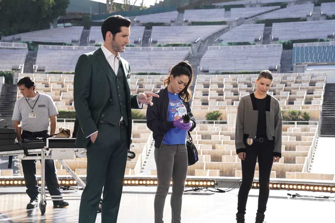 LUCIFER: L-R: Tom Ellis, Aimee Garcia and Lauren German in the “Let Pinhead Sing” episode of LUCIFER airing Monday, March 12 (8:00-9:00 PM ET/PT) on FOX. CR: Erik Voake/FOX