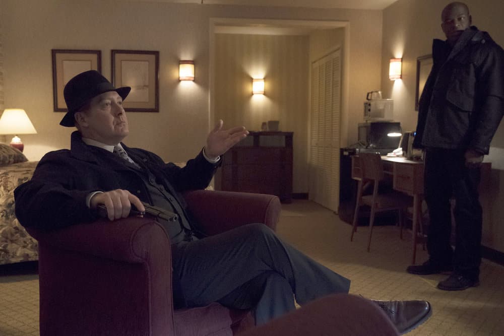 THE BLACKLIST -- "The Capricorn Killer" Episode 516 -- Pictured: (l-r) James Spader as Raymond "Red" Reddington, Hisham Tawfiq as Dembe Zuma -- (Photo by: Virginia Sherwood/NBC)