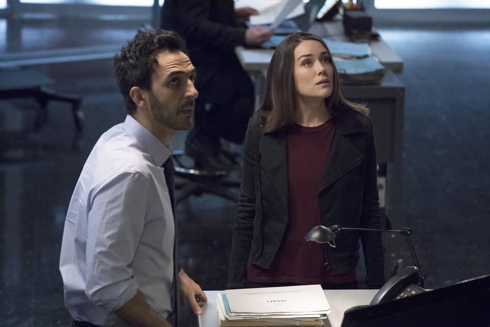 THE BLACKLIST -- "The Capricorn Killer" Episode 516 -- Pictured: (l-r) Amir Arison as Aram Mojtabai, Megan Boone as Elizabeth Keen -- (Photo by: Virginia Sherwood/NBC)