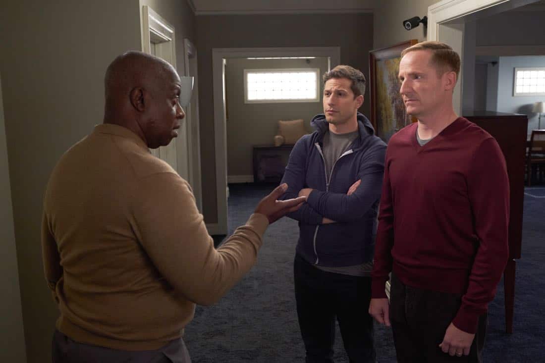 BROOKLYN NINE-NINE: L-R: Andre Braugher, Andy Samberg and guest star Marc Evan Jackson in the “Safe House” spring premiere episode of BROOKLYN NINE-NINE airing Sunday, March 18 (8:30-9:00 PM ET/PT) on FOX. CR: John P Fleenor/ FOX