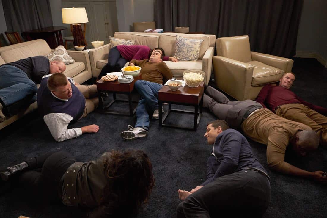 BROOKLYN NINE-NINE: L-R: Joel McKinnon Miller, Dirk Blocker, Joe Lo Truglio, Andy Samberg, Andre Braugher and guest star Marc Evan Jackson in the “Safe House” spring premiere episode of BROOKLYN NINE-NINE airing Sunday, March 18 (8:30-9:00 PM ET/PT) on FOX. CR: John P Fleenor/ FOX