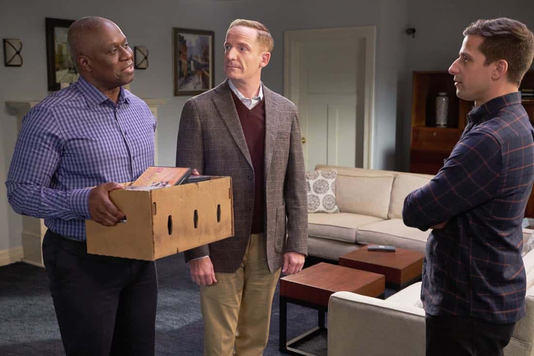 BROOKLYN NINE-NINE: L-R: Andre Braugher, guest star Marc Evan Jackson and Andy Samberg in the “Safe House” spring premiere episode of BROOKLYN NINE-NINE airing Sunday, March 18 (8:30-9:00 PM ET/PT) on FOX. CR: John P Fleenor/ FOX