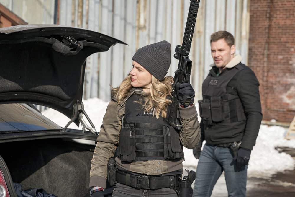 CHICAGO P.D. -- "Breaking Point" Episode 517 -- Pictured: (l-r) Tracy Spiridakos as Hailey Upton, Patrick John Flueger as Adam Ruzek -- (Photo by: Matt Dinerstein/NBC)
