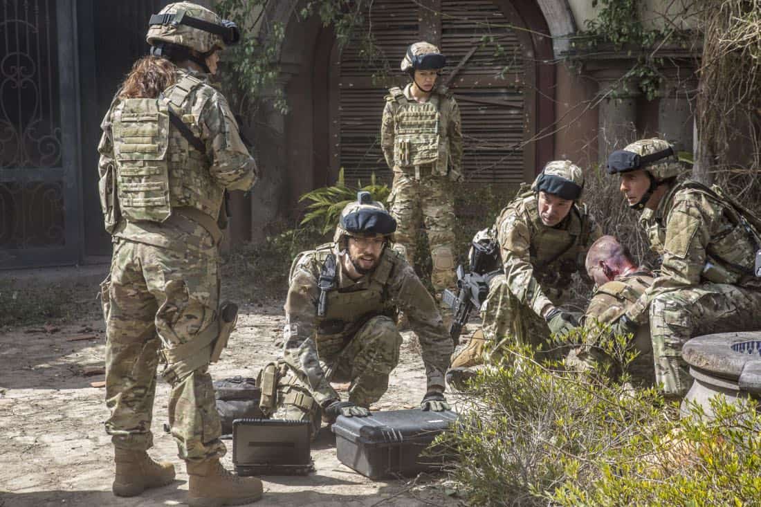 "Welcome to the Jungle" -- Pride, Sebastian and Tammy travel to South America after Pride is personally requested by a former colleague to assist with a classified operation that has been compromised, on NCIS: NEW ORLEANS, Tuesday, March 27 (10:00-11:00 PM, ET/PT) on the CBS Television Network. Pictured L-R: Vanessa Ferlito as FBI Special Agent Tammy Gregorio, Rob Kerkovich as Forensic Scientist Sebastian Lund, Patrick Page as Colonel Stanley Parker, and Scott Bakula as Special Agent Dwayne Pride Photo: Skip Bolen/CBS é2018 CBS Broadcasting, Inc. All Rights Reserved