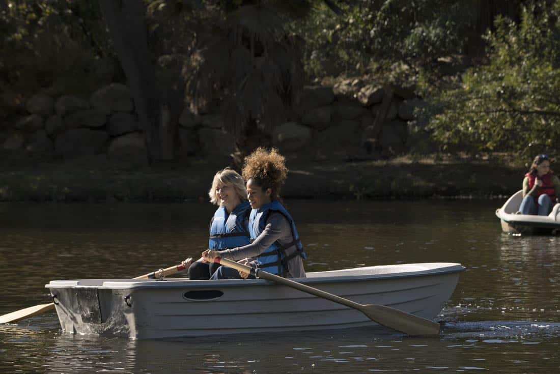 THE FOSTERS - "Just Say Yes" - In the 100th episode, Brandon and Grace go on a road trip and discover a lot about each other, while Mariana and Emma vie for a competitive internship. Stef and Lena go on a couples retreat to reconnect. This episode of "The Fosters" airs Tuesday, March 13 (8:00 - 9:01 p.m. EDT) on Freeform. (Freeform/Eric McCandless) TERI POLO, SHERRI SAUM