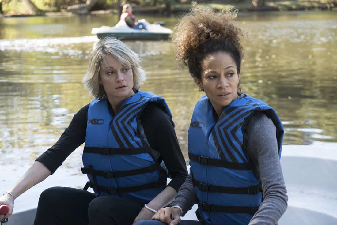 THE FOSTERS - "Just Say Yes" - In the 100th episode, Brandon and Grace go on a road trip and discover a lot about each other, while Mariana and Emma vie for a competitive internship. Stef and Lena go on a couples retreat to reconnect. This episode of "The Fosters" airs Tuesday, March 13 (8:00 - 9:01 p.m. EDT) on Freeform. (Freeform/Eric McCandless) TERI POLO, SHERRI SAUM