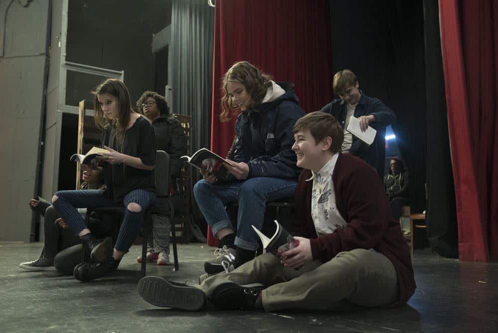 RISE -- "Pilot" Episode 101 -- Pictured: (l-r) Erin Kommor as Sasha, Katherine Reis as Jolene, Ellie Desautels as Michael Hallowell -- (Photo by: Peter Kramer/NBC) RISE -- "Pilot" Episode 101 -- Pictured: (l-r) Erin Kommor as Sasha, Katherine Reis as Jolene, Ellie Desautels as Michael Hallowell -- (Photo by: Peter Kramer/NBC)
