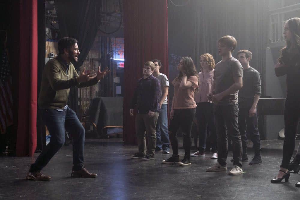 RISE -- "Pilot" Episode 101 -- Pictured: (l-r) Josh Radnor as Lou Mazzuchelli, Ellie Desautels as Michael Hallowell, Auli'i Cravalho as Lilette Suarez, Shannon Purser as Annabelle, Sean Grandillo as Jeremy Middle, Ted Sutherland as Simon Saunders, Amy Forsyth as Gwen Strickland -- (Photo by: Peter Kramer/NBC)