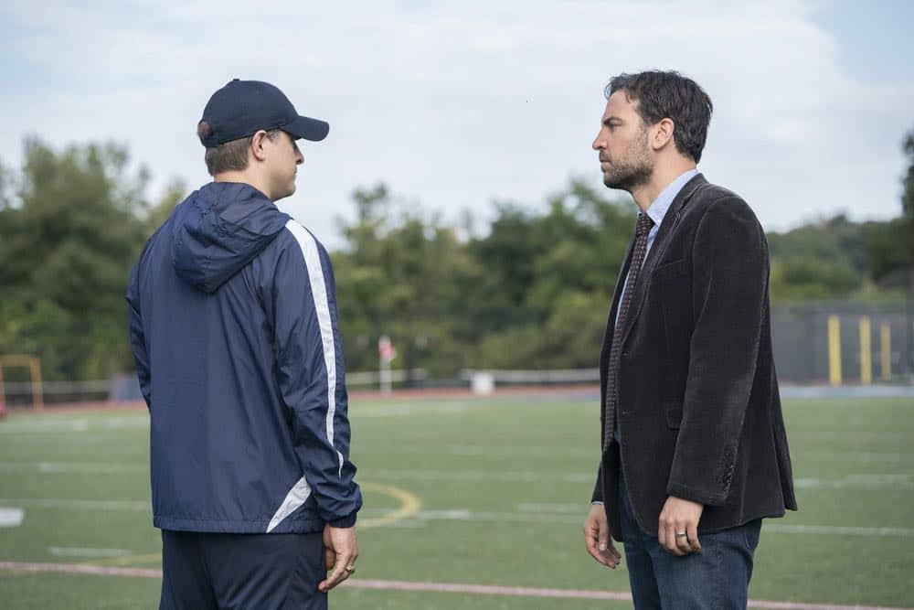 RISE -- "Most of All to Dream" Episode 102 -- Pictured: (l-r) Joe Tippett as Coach Doug Strickland, Josh Radnor as Lou Mazzuchelli -- (Photo by: Peter Kramer/NBC)