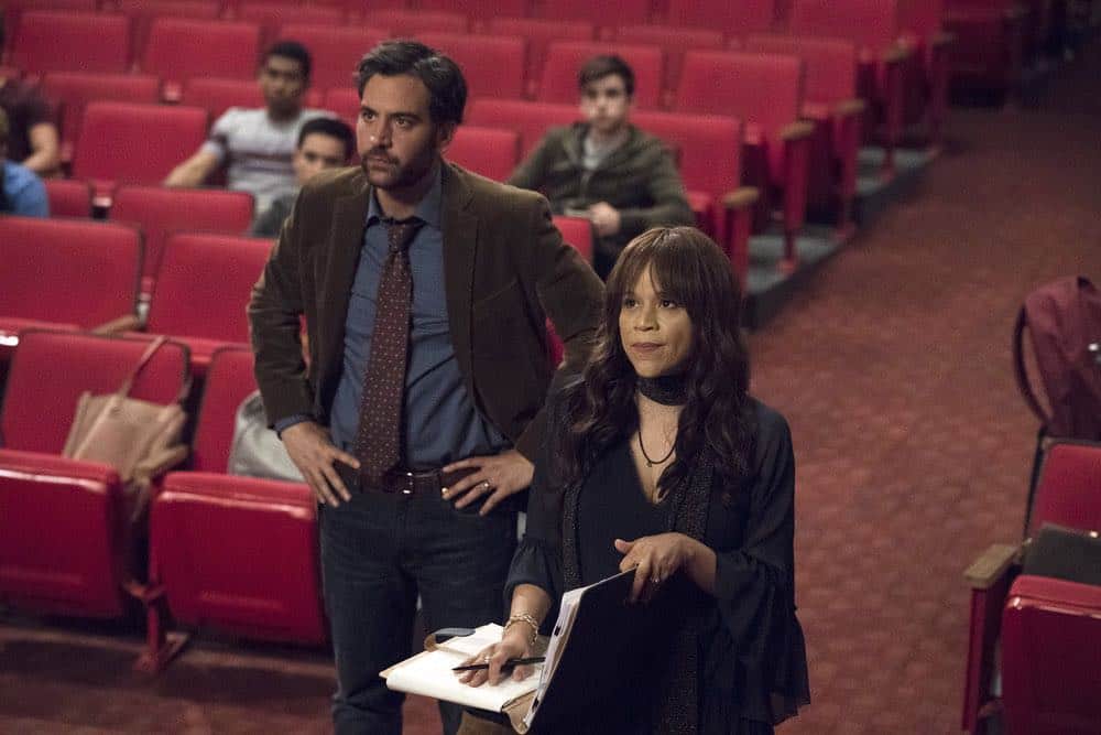 RISE -- "Most of All to Dream" Episode 102 -- Pictured: (l-r) Josh Radnor as Lou Mazzuchelli, Rosie Perez as Tracey Wolfe -- (Photo by: Virginia Sherwood/NBC)