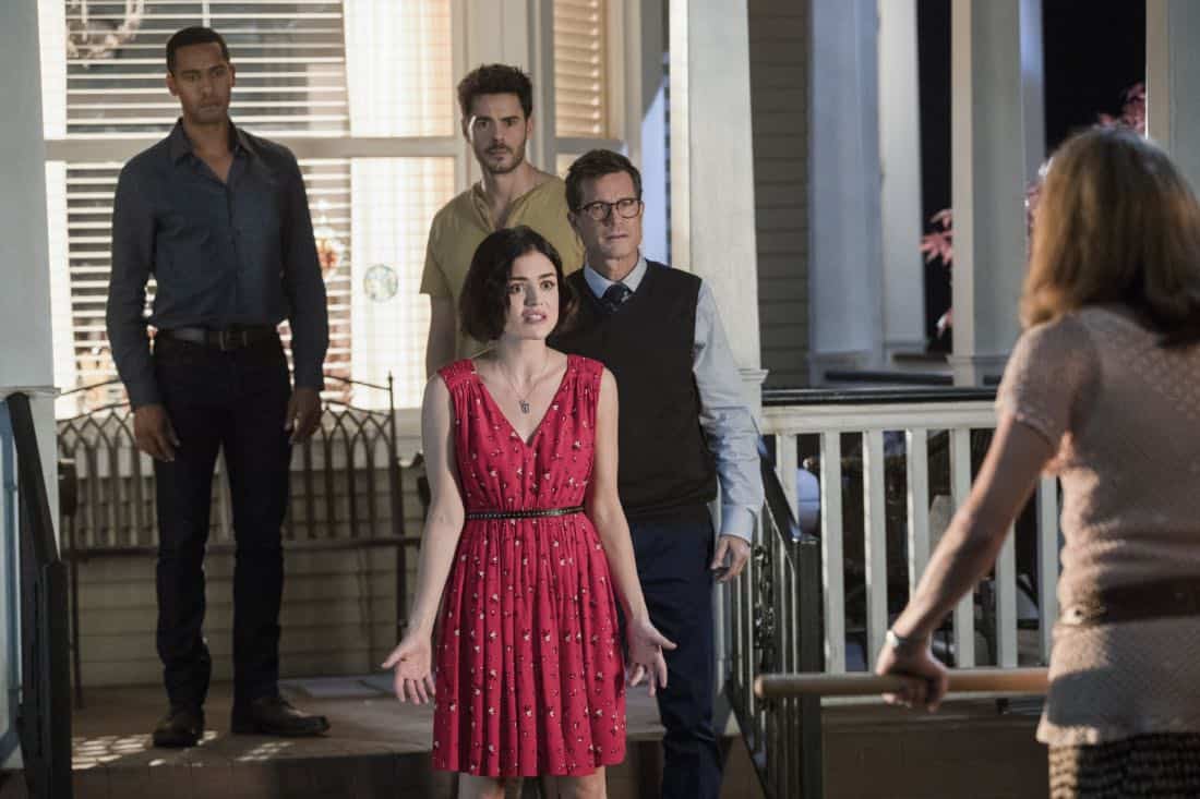 Life Sentence -- "Re-Inventing the Abbotts" -- Image Number: LFS102c_0360b.jpg -- Pictured (L-R): Elliot Knight as Wes, Lucy Hale as Stella, Jayson Blair as Aiden, Dylan Walsh as Peter and Gillian Vigman as Ida -- Photo: Jack Rowand/The CW -- é 2018 The CW Network, LLC. All Rights Reserved.