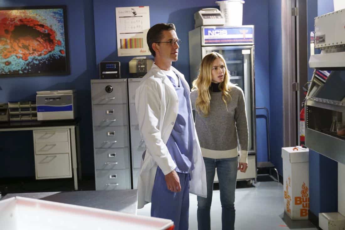 ÃÂDeath From AboveààThe NCIS headquarters are evacuated after the team discovers a body as well as bomb materials on the roof of the squad room. Also, the team reads the first draft of DuckyÃÂs book, on NCIS, Tuesday, March 27 (8:00-9:00 PM, ET/PT) on the CBS Television Network. Pictured: Brian Dietzen, Emily Wickersham. Photo: Monty Brinton/CBS é2018 CBS Broadcasting, Inc. All Rights Reserved