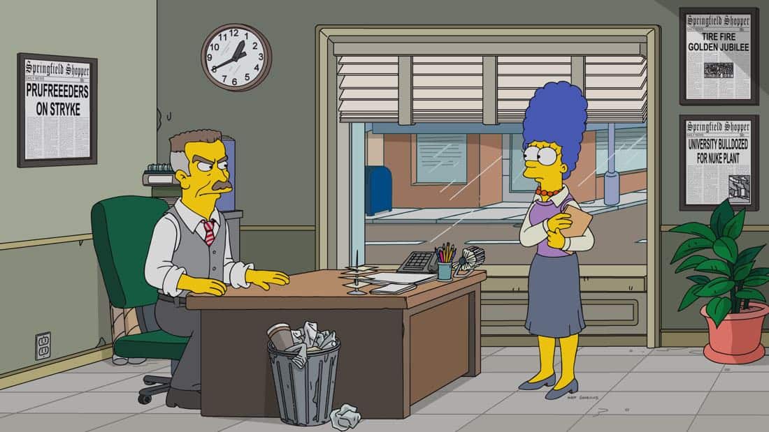 THE SIMPSONS: Homer and Marge recount the story of their transition from loving their life without kids to being miserable parents in the all-new “3 Scenes Plus A Tag From A Marriage” episode airing Sunday, March 25 (8:00-8:30 PM ET/PT) on FOX. Pictured L-R: Guest voice JK Simmons as JJ Gruff and Marge. THE SIMPSONS ™ and © 2017 TCFFC ALL RIGHTS RESERVED. THE SIMPSONS: Homer and Marge recount the story of their transition from loving their life without kids to being miserable parents in the all-new “3 Scenes Plus A Tag From A Marriage” episode airing Sunday, March 25 (8:00-8:30 PM ET/PT) on FOX. Pictured L-R: Guest voice JK Simmons as JJ Gruff and Marge. THE SIMPSONS ™ and © 2017 TCFFC ALL RIGHTS RESERVED.