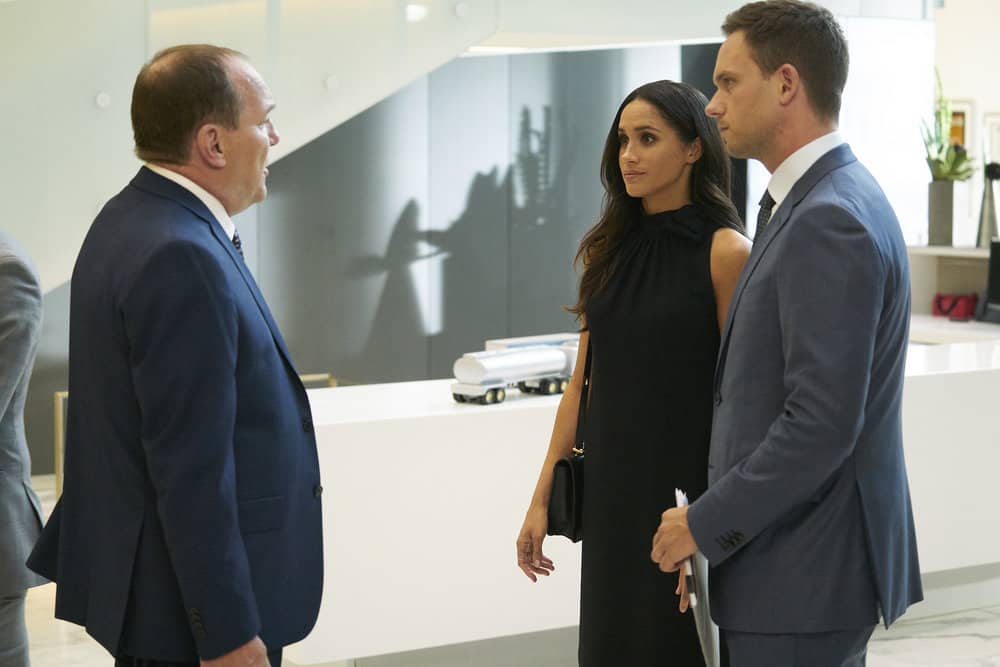 SUITS -- Episode 711 -- Pictured: (l-r) Meghan Markle as Rachel Zane, Patrick J. Adams as Mike Ross -- (Photo by: Ian Watson/USA Network)