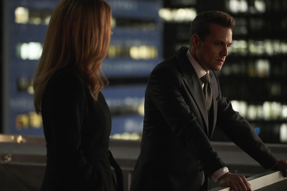 SUITS -- Episode 711 -- Pictured: Gabriel Macht as Harvey Spector -- (Photo by: Ian Watson/USA Network)