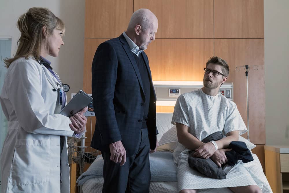 BLINDSPOT -- "Artful Dodge" Episode 316 -- Pictured: (l-r) David Morse as Hank Crawford, Luke Mitchell as Roman -- (Photo by: David Giesbrecht/NBC/Warner Bros) BLINDSPOT -- "Artful Dodge" Episode 316 -- Pictured: (l-r) David Morse as Hank Crawford, Luke Mitchell as Roman -- (Photo by: David Giesbrecht/NBC/Warner Bros)