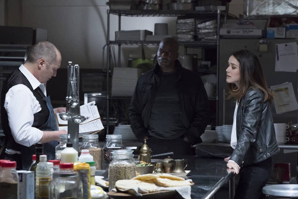 THE BLACKLIST -- "Anna-Gracia Duerte (#25)" Episode 517 -- Pictured: (l-r) James Spader as Raymond "Red" Reddington, Hisham Tawfiq as Dembe Zuma, Megan Boone as Elizabeth Keen -- (Photo by: Virginia Sherwood/NBC)