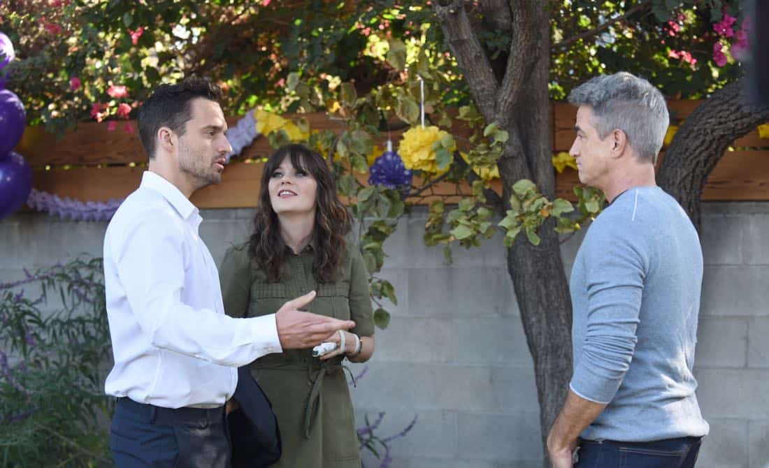 NEW GIRL: L-R: Jake Johnson, Zooey Deschanel and guest star Dermot Mulroney in the "About Three Years Later" season seven premiere episode of NEW GIRL airing Tuesday, April10 (9:30-10:00 PM ET/PT) on FOX. ©2018 Fox Broadcasting Co. Cr: Ray Mickshaw/FOX