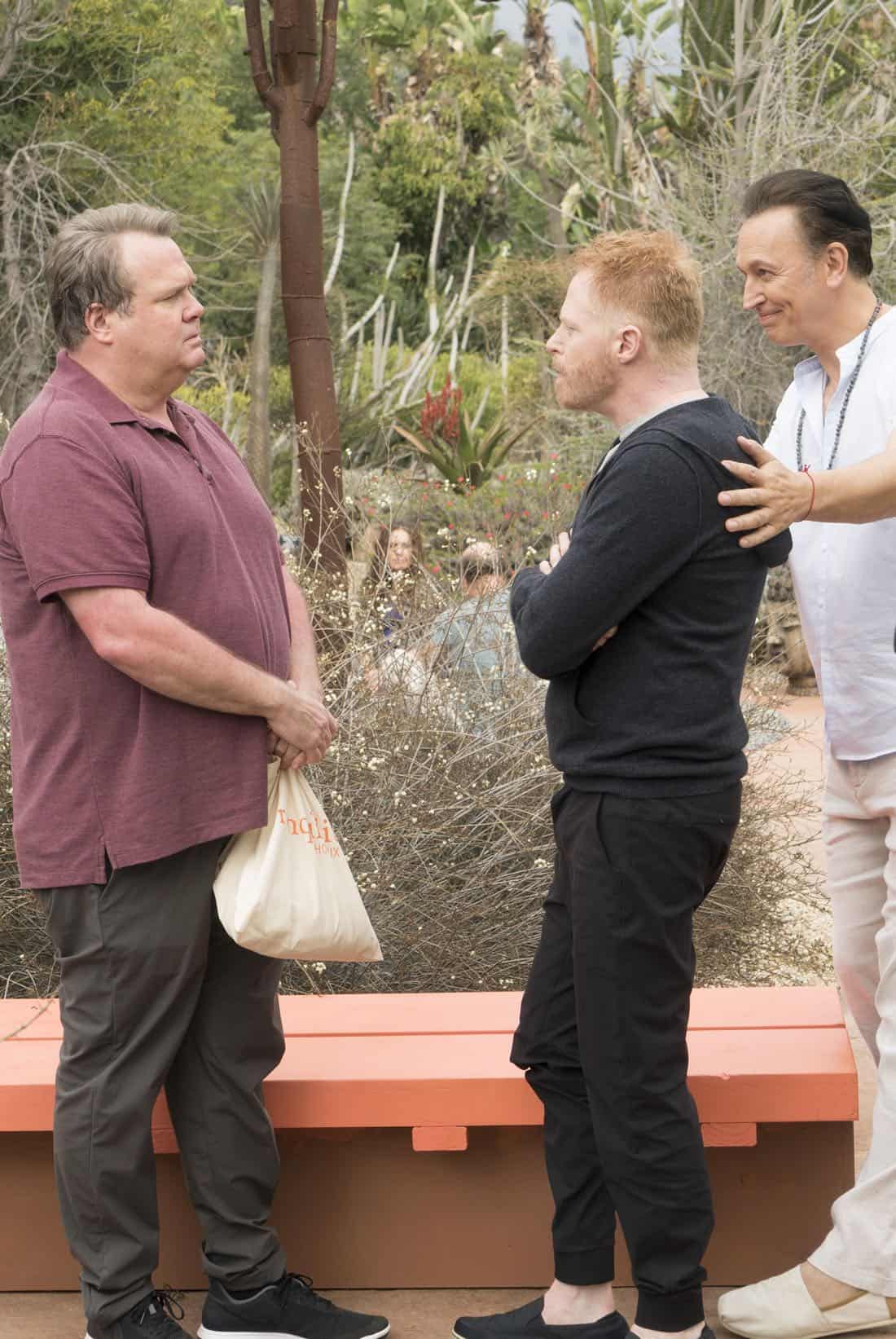 MODERN FAMILY - "Royal Visit" - Haley's brilliant astrophysicist boyfriend (guest star Chris Geere) comes to meet the family, setting Claire and Phil off in a competition about which one of them is smarter, making Alex feel self-conscious about her dim but handsome firefighter boyfriend, Bill (Jimmy Tatro). Mitch and Cam go on a yoga retreat, but when Cam finds out his dream team, the Kansas City Royals, is having spring training next door, he can't resist sneaking out, on "Modern Family," WEDNESDAY, MARCH 28 (9:00-9:31 p.m. EDT), on The ABC Television Network. (ABC/Ron Tom) ERIC STONESTREET, JESSE TYLER FERGUSON