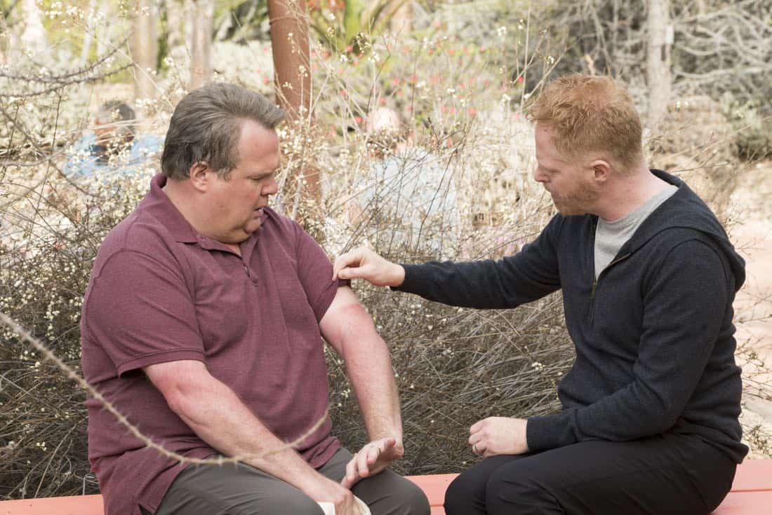 MODERN FAMILY - "Royal Visit" - Haley's brilliant astrophysicist boyfriend (guest star Chris Geere) comes to meet the family, setting Claire and Phil off in a competition about which one of them is smarter, making Alex feel self-conscious about her dim but handsome firefighter boyfriend, Bill (Jimmy Tatro). Mitch and Cam go on a yoga retreat, but when Cam finds out his dream team, the Kansas City Royals, is having spring training next door, he can't resist sneaking out, on "Modern Family," WEDNESDAY, MARCH 28 (9:00-9:31 p.m. EDT), on The ABC Television Network. (ABC/Ron Tom) ERIC STONESTREET, JESSE TYLER FERGUSON