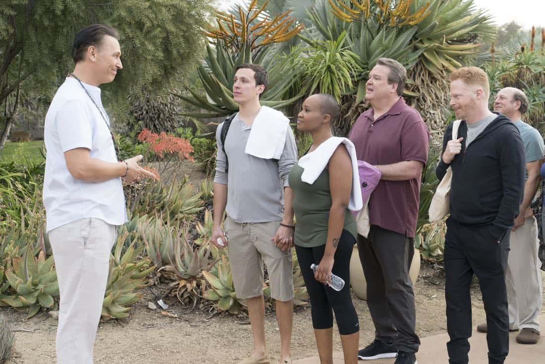 MODERN FAMILY - "Royal Visit" - Haley's brilliant astrophysicist boyfriend (guest star Chris Geere) comes to meet the family, setting Claire and Phil off in a competition about which one of them is smarter, making Alex feel self-conscious about her dim but handsome firefighter boyfriend, Bill (Jimmy Tatro). Mitch and Cam go on a yoga retreat, but when Cam finds out his dream team, the Kansas City Royals, is having spring training next door, he can't resist sneaking out, on "Modern Family," WEDNESDAY, MARCH 28 (9:00-9:31 p.m. EDT), on The ABC Television Network. (ABC/Ron Tom) STEVE VALENTINE, ERIC STONESTREET, JESSE TYLER FERGUSON