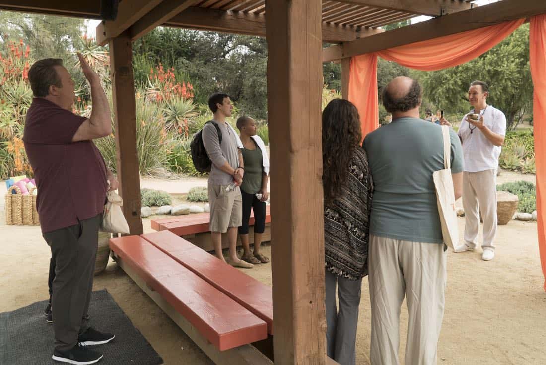 MODERN FAMILY - "Royal Visit" - Haley's brilliant astrophysicist boyfriend (guest star Chris Geere) comes to meet the family, setting Claire and Phil off in a competition about which one of them is smarter, making Alex feel self-conscious about her dim but handsome firefighter boyfriend, Bill (Jimmy Tatro). Mitch and Cam go on a yoga retreat, but when Cam finds out his dream team, the Kansas City Royals, is having spring training next door, he can't resist sneaking out, on "Modern Family," WEDNESDAY, MARCH 28 (9:00-9:31 p.m. EDT), on The ABC Television Network. (ABC/Ron Tom) ERIC STONESTREET, STEVE VALENTINE