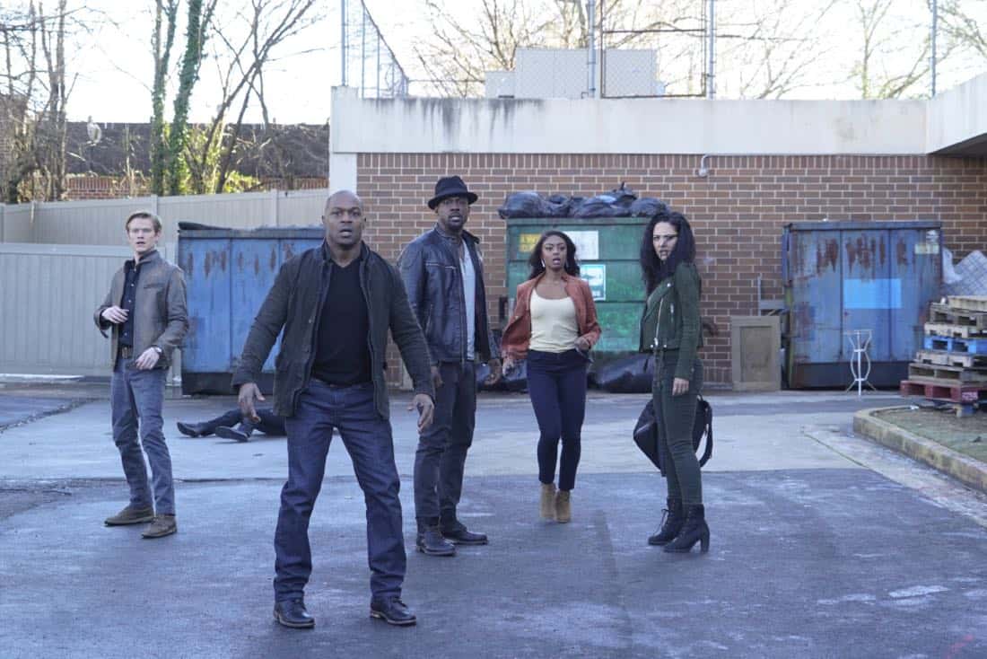 "Riley + Airplane" -- When Matty and the team search for a former government tech who stole classified intel and has been evading capture, they reunite with the Coltons, the family of bounty hunters, who are pursuing the same man for different reasons, on MACGYVER, Friday, March 30 (8:00-9:00 PM, ET/PT) on the CBS Television Network. Pictured: Lucas Till, Jermaine Rivers, Lance Gross, Javicia Leslie, Tristin Mays. Photo: Annette Brown/CBS é2018 CBS Broadcasting, Inc. All Rights Reserved